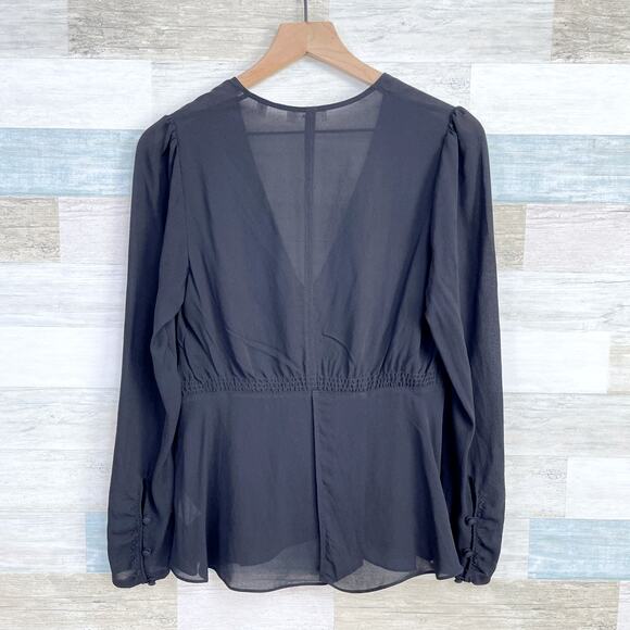 A.L.C. 100% Silk Crepe Tulip Hem Peplum Blouse Black Semi Sheer V Neck Womens 6 - Picture 4 of 9